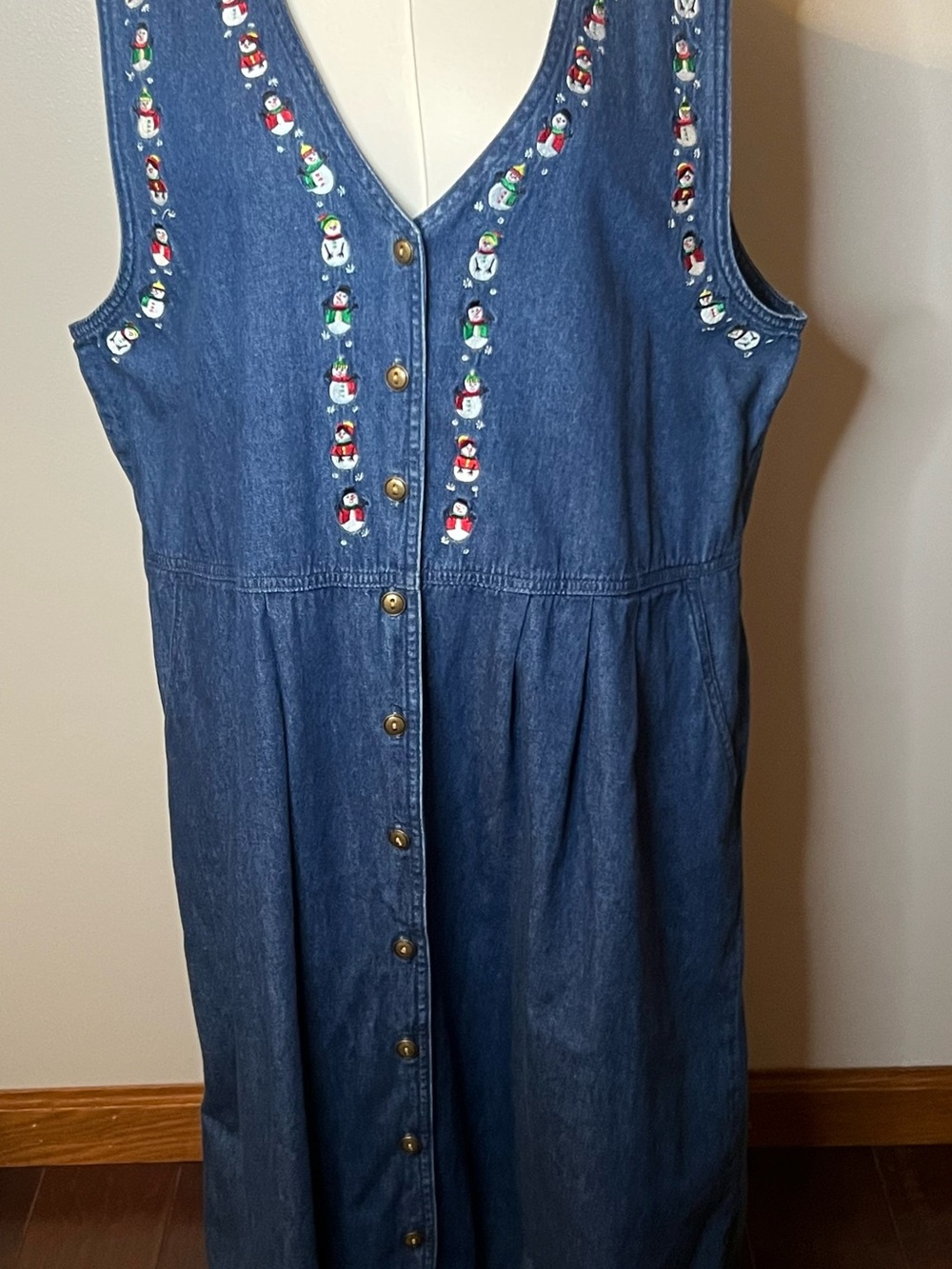 Vintage Original TY Wear Snowman Christmas Denim Dress Sz 16 Cotton Pockets Y2K
